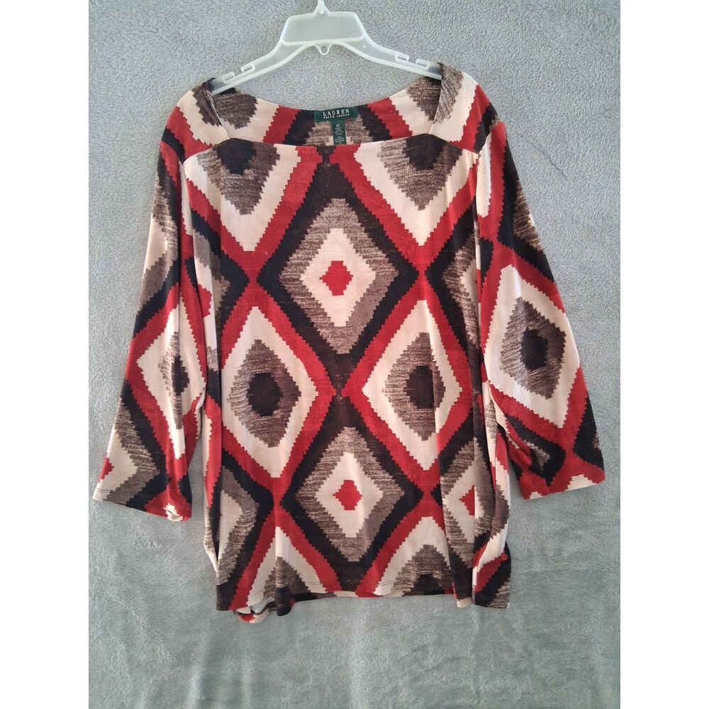 Ralph Lauren Top 3X Red Brown Southwestern Ikat Stretch Matte Jersey Square Neck